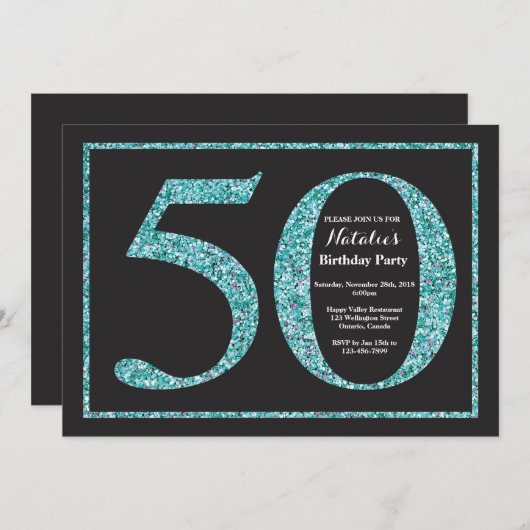 第50誕生日招待状ティール(緑がかった色)グリッターシャルボード 招待状 (正面/裏面)