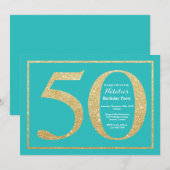 第50誕生日招待状ティール（緑がかった色）及び金ゴールドグリッター 招待状 (正面/裏面)