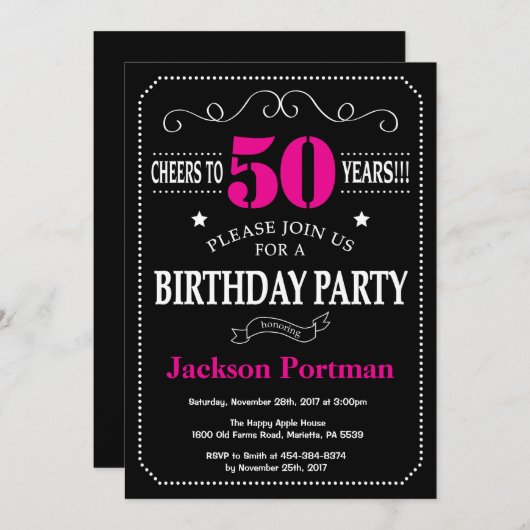 第50誕生日招待状ホットピンクブラック 招待状 (正面/裏面)