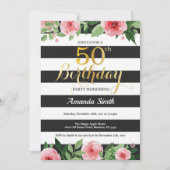 第50誕生日招待状女性フローラ金ゴールドブラック 招待状 (正面)