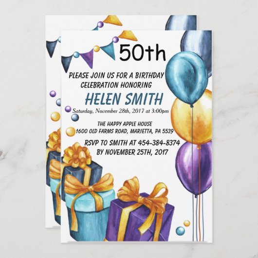 第50誕生日招待状金ゴールドグリッター 招待状 (正面/裏面)