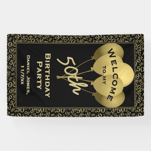 第50誕生日数Pattenの金ゴールドおよび黒を歓迎して下さい 横断幕 (横)