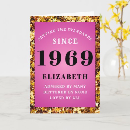 第50誕生日標準1969生まれピンク金ゴールド星 カード (黄色い花)