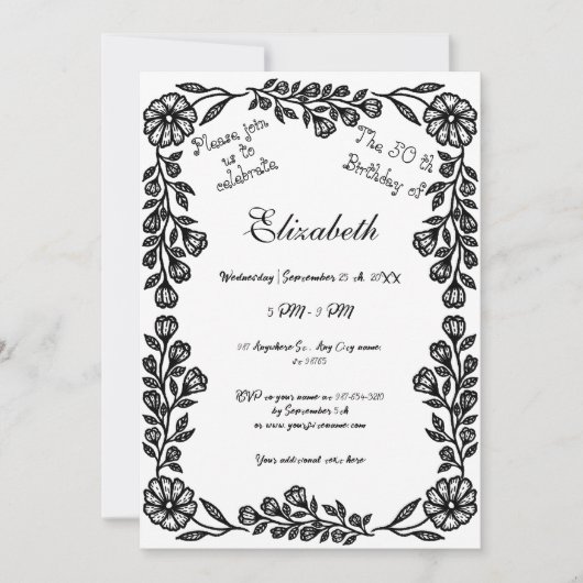 第50誕生日白黒フローラ 招待状 (正面)