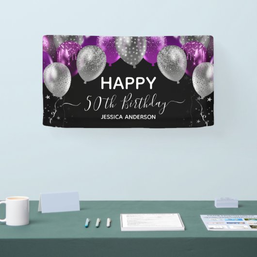 第50誕生日紫の銀の風船バナー 横断幕 (トレードショー)