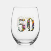 第50誕生日花飾り野花文字 ステムなしワイングラス (正面)