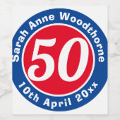 第50誕生日記念名称、年齢、日付付き ワインラベル (シングルラベル)