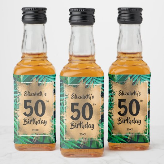第50誕生日金ゴールドオン熱帯植物ミニ リキュールボトルラベル (ボトル)