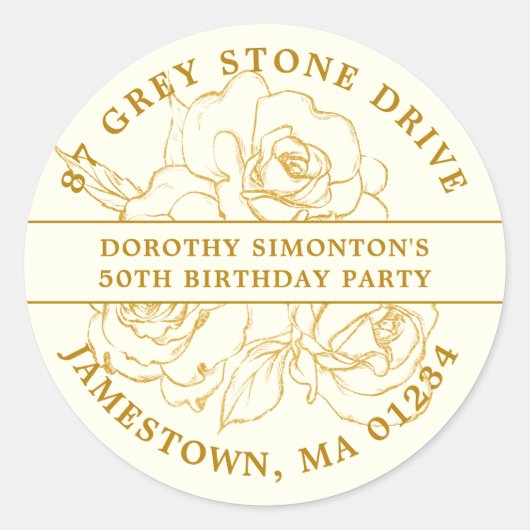 第50誕生日金ゴールドバラ差出人住所ラベル ラウンドシール (正面)
