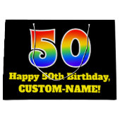 第50誕生日～おもしろい, カラフル, 鮮やか, Rainbow 50 ラージペーパーバッグ (正面)