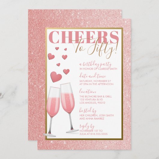 第50誕生日|ピンクシャンパン 招待状 (正面/裏面)