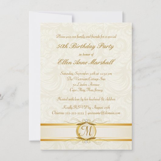 第50誕生日-金ゴールドのダマスク織の写真の招待状 招待状 (裏面)