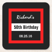 第50赤いフレーム幾何学的なZ50との誕生日の黒 スクエアペーパーコースター (正面)