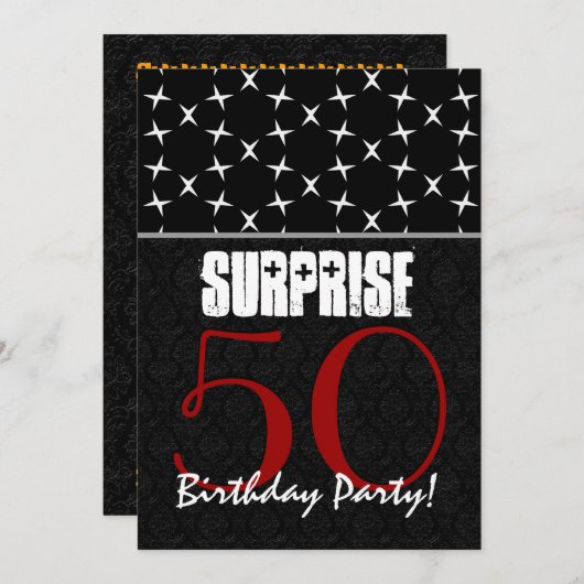 第50驚きの誕生日の赤い白黒パターン 招待状 (正面/裏面)