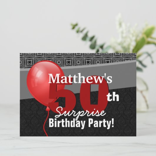 第50驚きの誕生日の黒の赤い気球Y327 招待状 (スタンド正面)