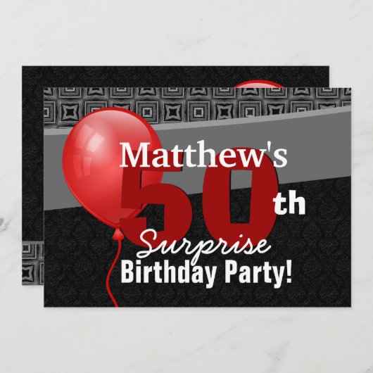 第50驚きの誕生日の黒の赤い気球Y327 招待状 (正面/裏面)