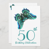 第50 -第59誕生会の招待のティール（緑がかった色）の蝶 招待状 (正面/裏面)