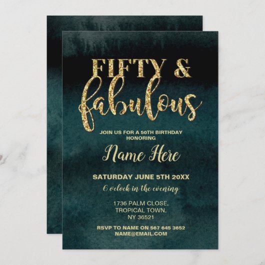 第50 50及びすばらしい誕生会の金ゴールドの招待 招待状 (正面/裏面)