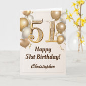 第51誕生日金ゴールドバルーンおよび紙吹雪誕生日 カード (黄色い花)