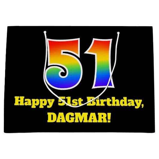 第51誕生日～おもしろい, カラフル, 鮮やか, Rainbow 51 ラージペーパーバッグ (正面)