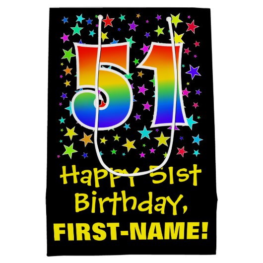 第51誕生日:スターカラフルズパターン&レインボー51 ミディアムペーパーバッグ (裏面)