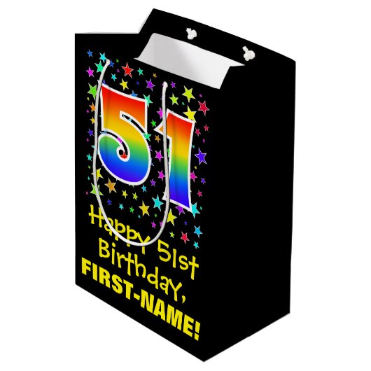 第51誕生日:スターカラフルズパターン&レインボー51 ミディアムペーパーバッグ (裏面アングル)