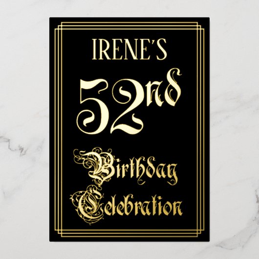 第52回バースデーパーティーファンシー – 脚本と名前をカスタムする 箔招待状 (正面)