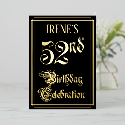 第52回バースデーパーティーファンシー – 脚本と名前をカスタムする 箔招待状 (立ち正面)