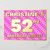 第52回バースデーパーティー – おもしろいピンクのハートとストライプ 箔招待状 (正面)