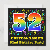 第52回バースデーパーティー:おもしろいミュージックシンボルRainbow 52 招待状 (正面)