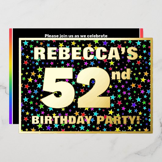 第52回バースデーパーティー – おもしろい、スターカラフルズ・パターン 箔招待状 (正面/裏面)