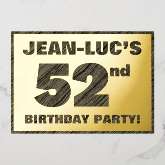第52回バースデーパーティー – はっきりした、ウッドグフェイクレイン文字 箔招待状 (正面)