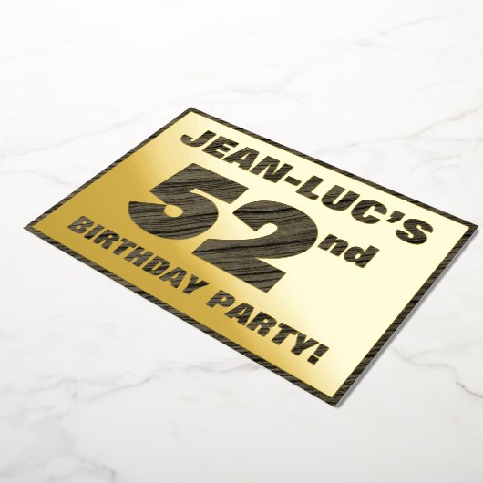 第52回バースデーパーティー – はっきりした、ウッドグフェイクレイン文字 箔招待状 (回転した状態)