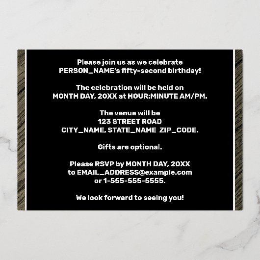 第52回バースデーパーティー – はっきりした、ウッドグフェイクレイン文字 箔招待状 (裏面)