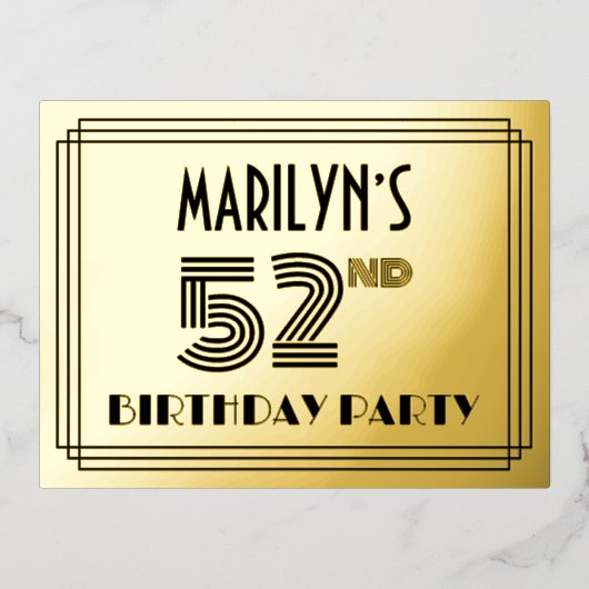 第52回バースデーパーティー~アールデコスタイル「52」 +名前 箔招待状ポストカード (正面)