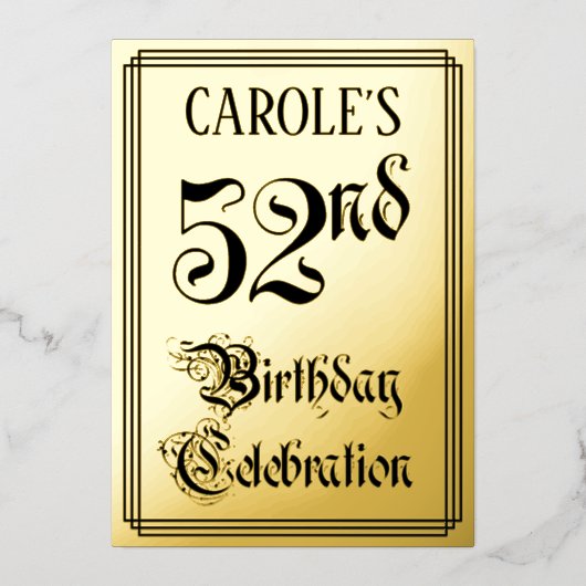 第52回バースデーパーティー – エレガント脚本+名前をカスタムする 箔招待状 (正面)