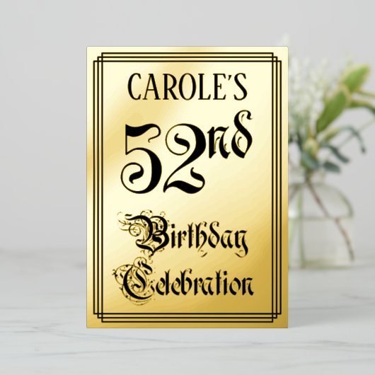 第52回バースデーパーティー – エレガント脚本+名前をカスタムする 箔招待状 (立ち正面)