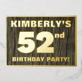 第52回誕生日パーティーはっきりした:，木目フェイク模様 箔招待状 (正面)