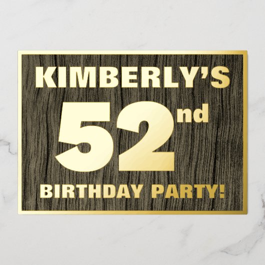 第52回誕生日パーティーはっきりした:，木目フェイク模様 箔招待状 (正面)