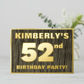 第52回誕生日パーティーはっきりした:，木目フェイク模様 箔招待状 (立ち正面)