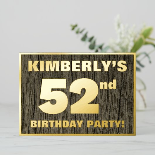 第52回誕生日パーティーはっきりした:,木目フェイク模様 箔招待状 (立ち正面)