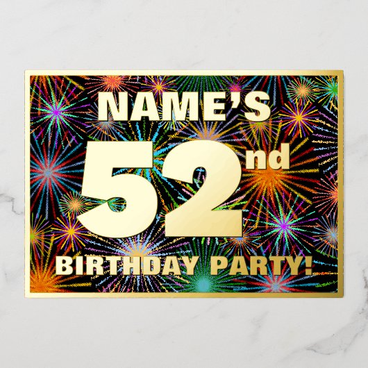 第52回誕生日パーティー – おもしろいカラフル、Fireworks Look 箔招待状 (正面)