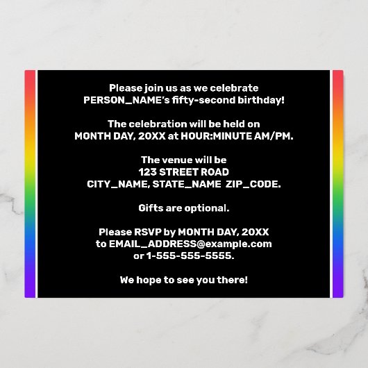 第52回誕生日パーティー:おもしろい、レインボーカラフルパターン 箔招待状 (裏面)