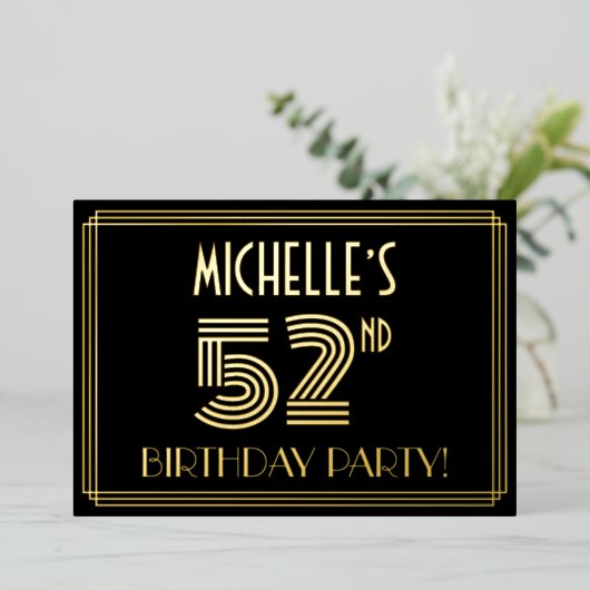 第52回誕生日パーティー – アールデコスタイル「52」 +名前 箔招待状 (立ち正面)
