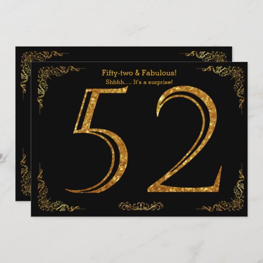 第52回誕生日パーティー,ギャツビースタイル,ブラック金ゴールドグリッター 招待状 (正面/裏面)