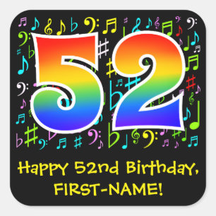 第52誕生日:ミュージカラフルックシンボル，レインボー52 スクエアシール