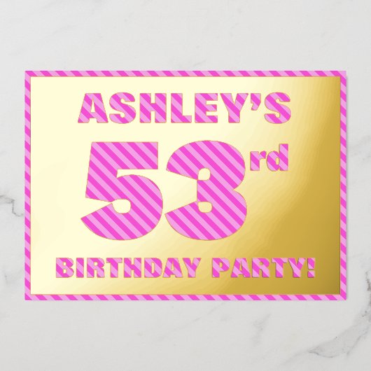 第53回バースデーパーティはっきりした:おもしろい、ピンクストライプ色のアイテム# 53 箔招待状 (正面)
