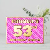 第53回バースデーパーティー – おもしろいピンクのハートとストライプ 箔招待状 (立ち正面)