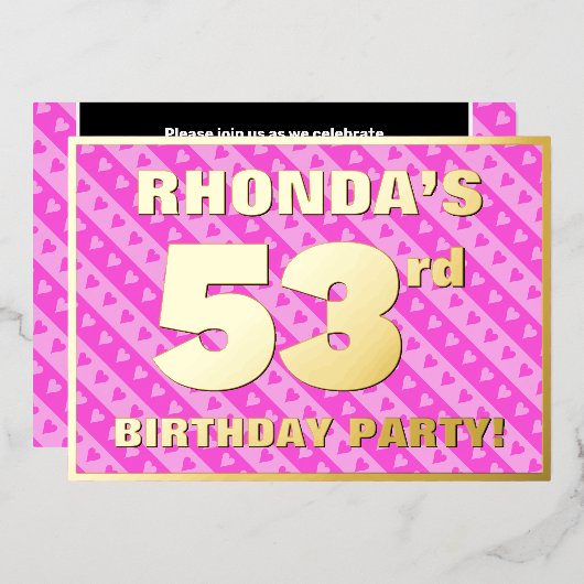 第53回バースデーパーティー – おもしろいピンクのハートとストライプ 箔招待状 (正面/裏面)