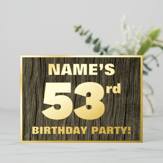 第53回誕生日パーティはっきりしたー：木目フェイク模様 箔招待状 (立ち正面)